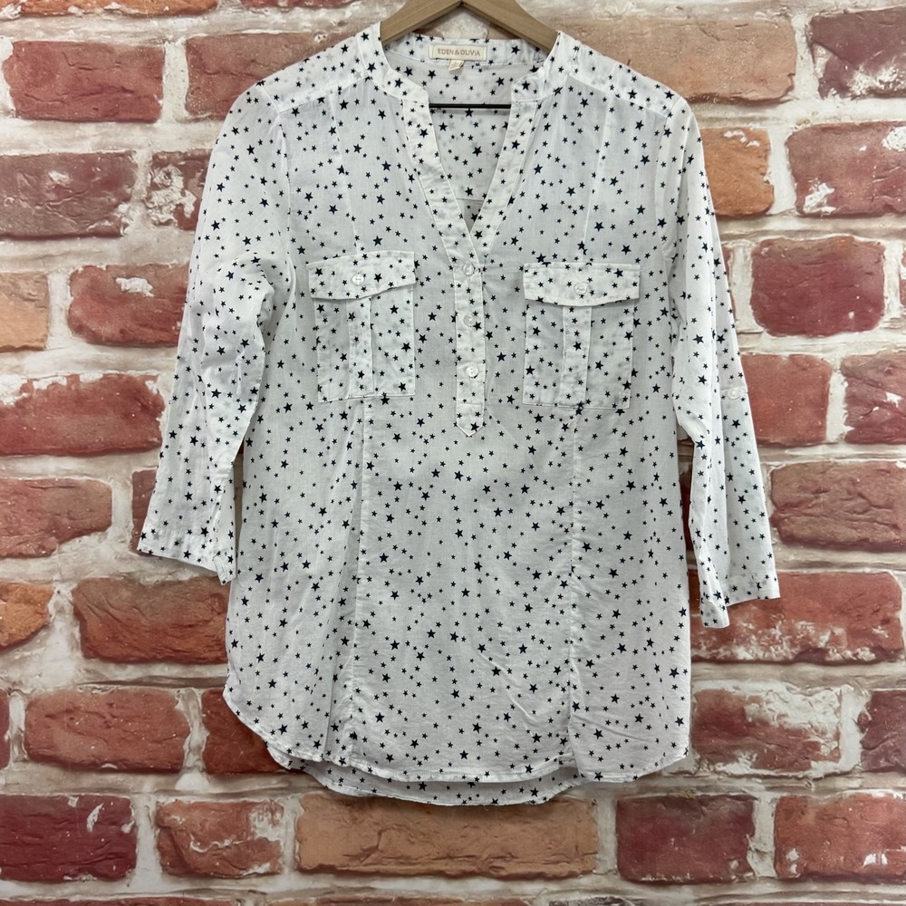 Anthropologie Eden & Olivia Top Women's L White Dark Blue Stars Celestial Shirt